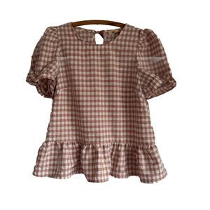 Listicle Back Tie Bow Gingham Ruffled Peplum Top With Puffy Sleeves Medium